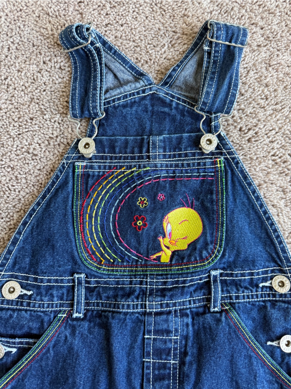 vintage Looney Tunes denim overalls embroidered Tweety Bird rainbow 4T cotton